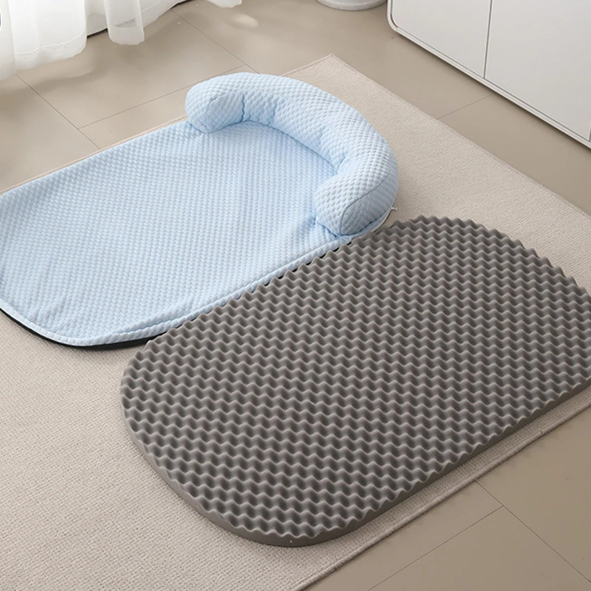 Summer Breeze Cooling Pet Bed, Breathable Ice Silk Dog Cushion with Pillow & Anti-Slip Bottom for Large/Small Dogs and Cats