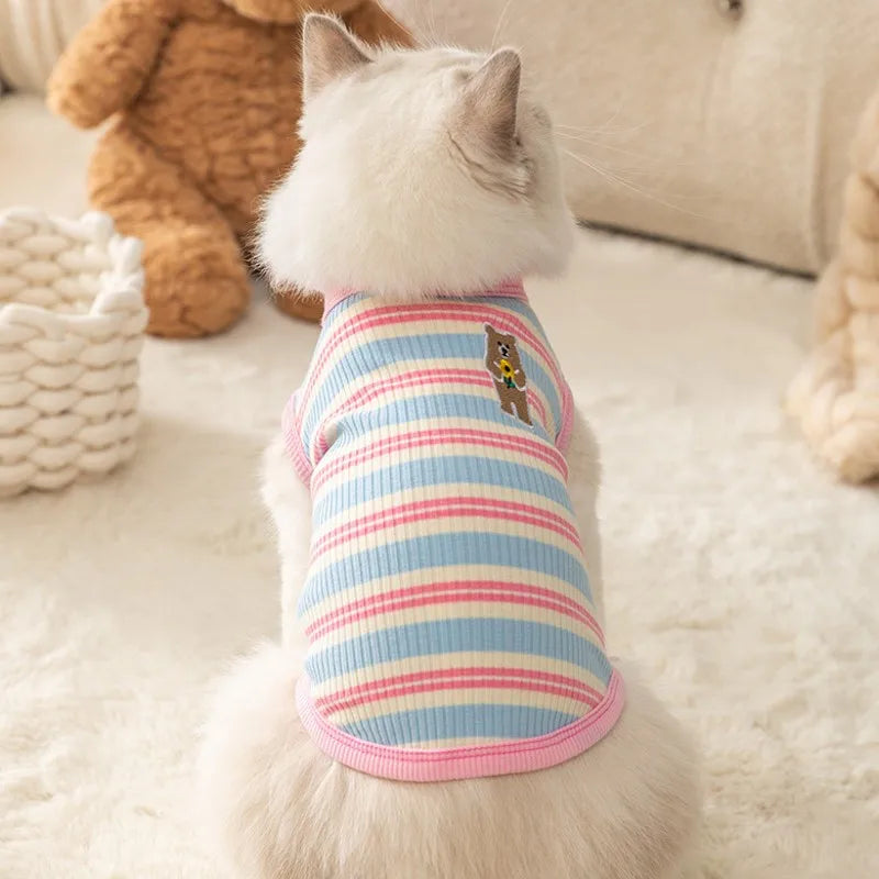 Pet Dog Vest Puppy Clothes Summer Cotton Bear Print T-Shirt Striped Dog Shirt Girls Dog Costume Chihuahua Korean Style Clothing