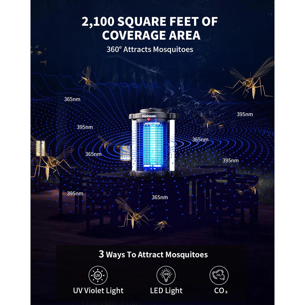Minimoon Bug Zapper / Outdoor Mosquito Zapper with Dual LED Light 4200V Fly Zapper 15W Electric Fly Traps Outdoor IPX4 Insect Trap
