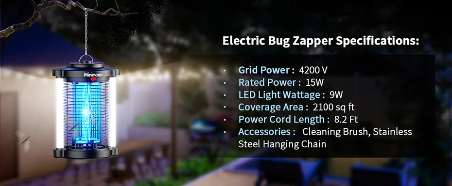 Minimoon Bug Zapper / Outdoor Mosquito Zapper with Dual LED Light 4200V Fly Zapper 15W Electric Fly Traps Outdoor IPX4 Insect Trap