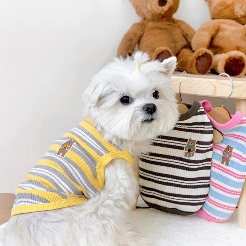 Pet Dog Vest Puppy Clothes Summer Cotton Bear Print T-Shirt Striped Dog Shirt Girls Dog Costume Chihuahua Korean Style Clothing
