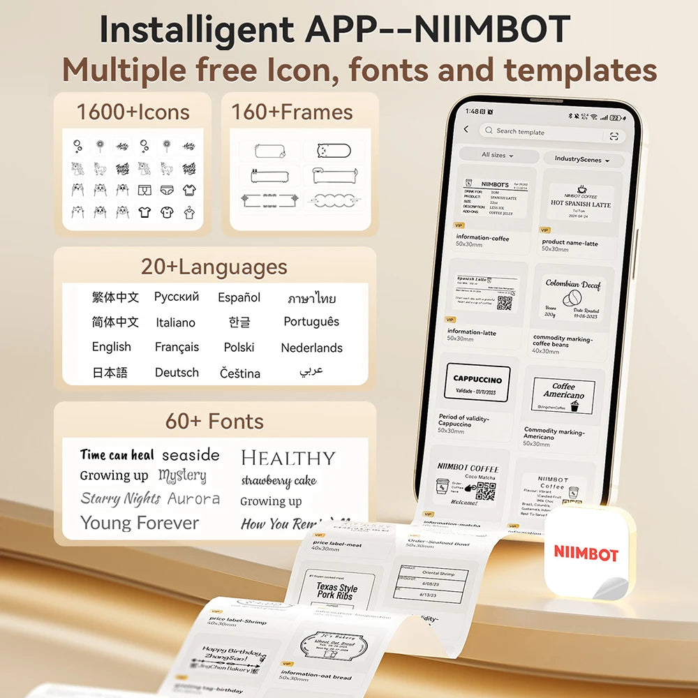 Niimbot B1 Wireless Thermal Label Printer Food Tag Barcode Price Small Business 20-50mm Print Width Label Machine for Home