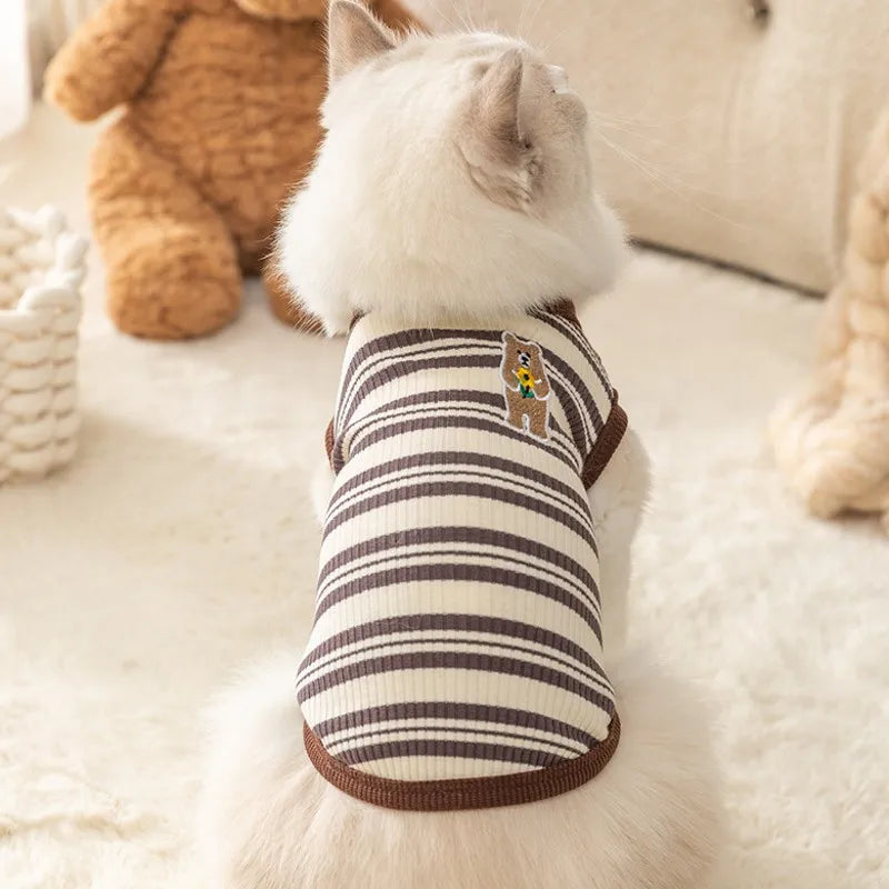 Pet Dog Vest Puppy Clothes Summer Cotton Bear Print T-Shirt Striped Dog Shirt Girls Dog Costume Chihuahua Korean Style Clothing