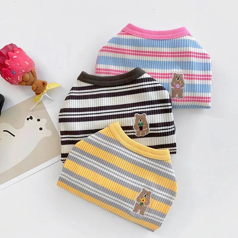 Pet Dog Vest Puppy Clothes Summer Cotton Bear Print T-Shirt Striped Dog Shirt Girls Dog Costume Chihuahua Korean Style Clothing