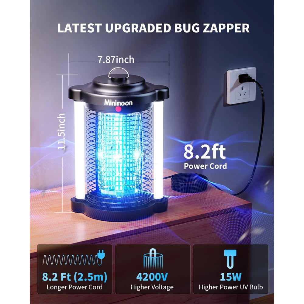Minimoon Bug Zapper / Outdoor Mosquito Zapper with Dual LED Light 4200V Fly Zapper 15W Electric Fly Traps Outdoor IPX4 Insect Trap