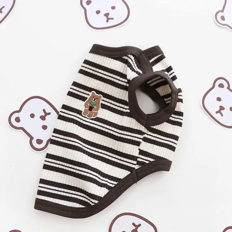 Pet Dog Vest Puppy Clothes Summer Cotton Bear Print T-Shirt Striped Dog Shirt Girls Dog Costume Chihuahua Korean Style Clothing