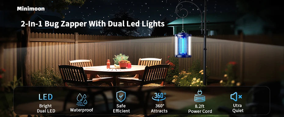 Minimoon Bug Zapper / Outdoor Mosquito Zapper with Dual LED Light 4200V Fly Zapper 15W Electric Fly Traps Outdoor IPX4 Insect Trap