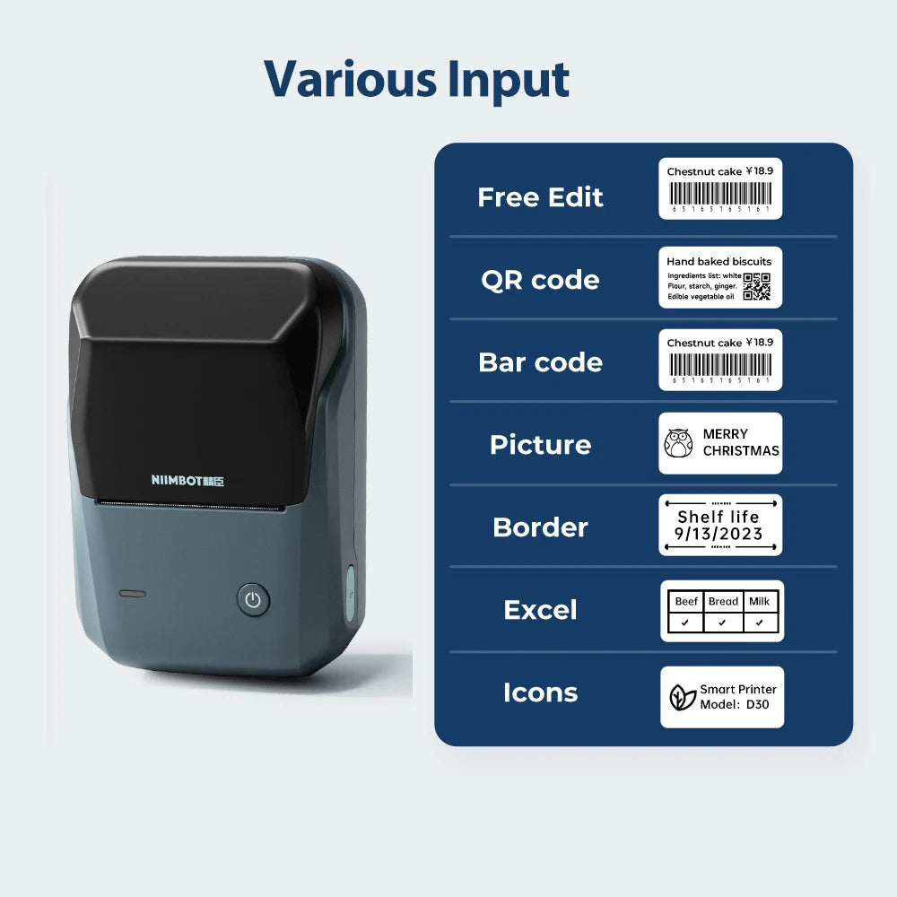 Niimbot B1 Wireless Thermal Label Printer Food Tag Barcode Price Small Business 20-50mm Print Width Label Machine for Home